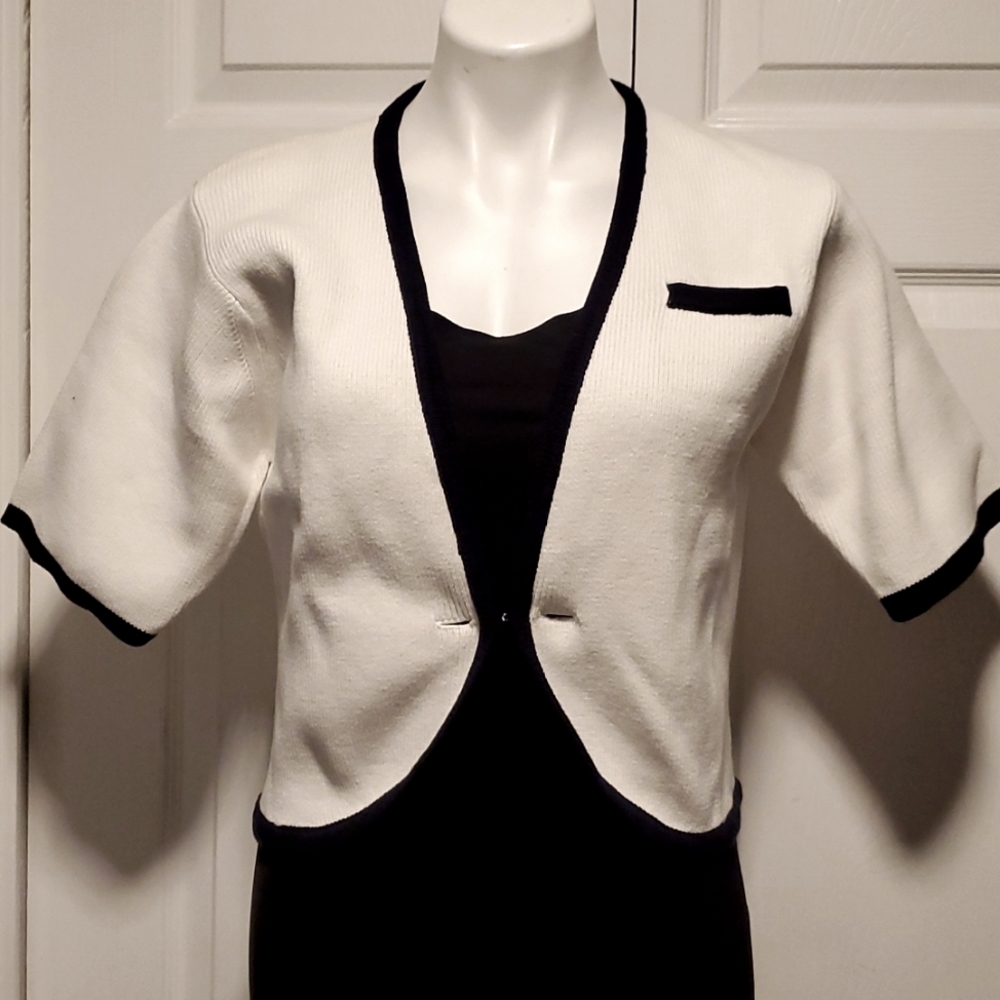 J. Christopher Women's Ribbed White/Navy Blue Short Sleeve Cardigan - Size Small